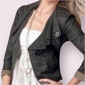 CAbi Waxed Denim 100% Linen Jacket Ruffle Oversized Collar Black Size Medium